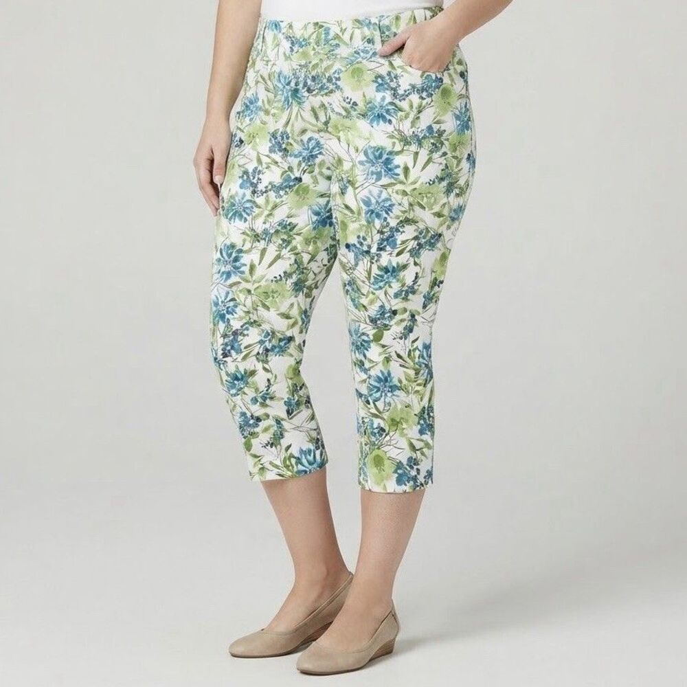 Kim Rogers Women's Size 18 Floral Capri Pants Blue Green Cotton Spandex